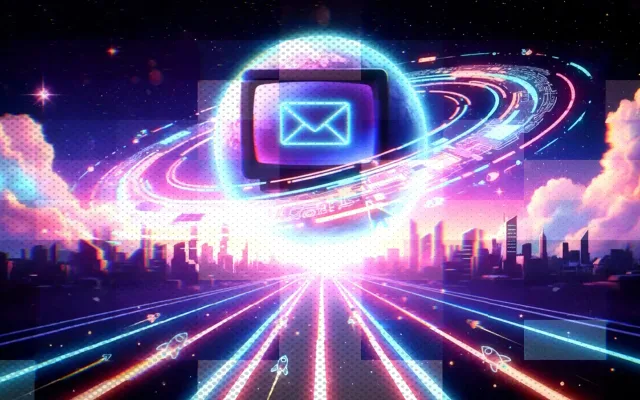 Purple neon illustration with a glowing email envelope in a cosmic setting