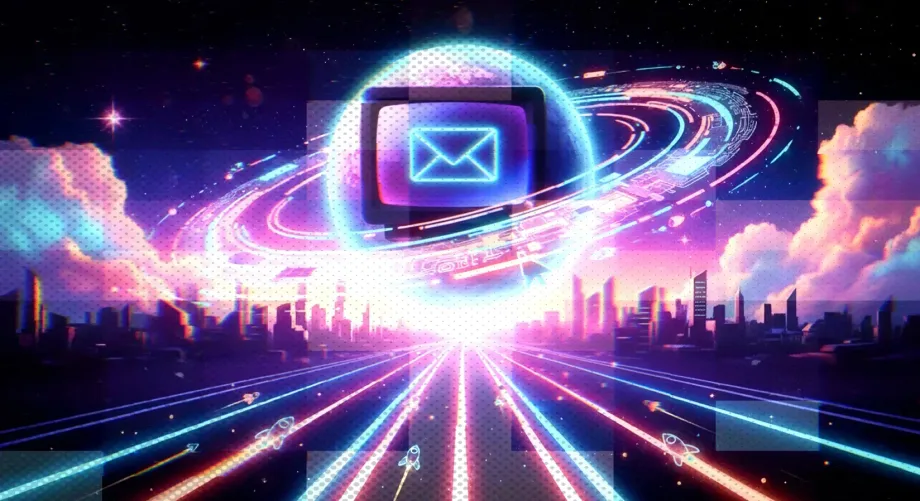 Purple neon illustration with a glowing email envelope in a cosmic setting
