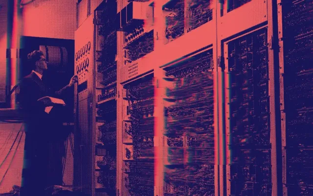 Dark image of a person reflected in a mirror with a woman in the background