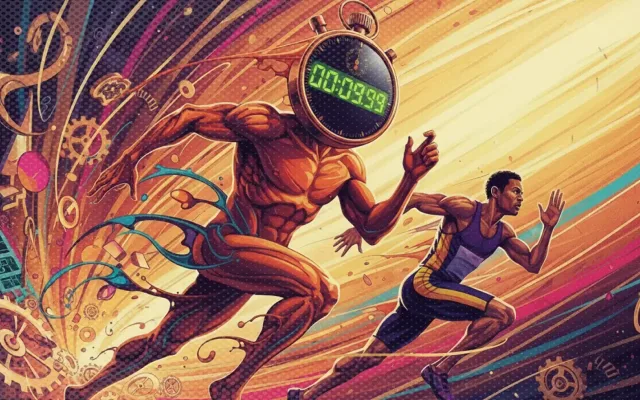 Colorful illustrated scene with dynamic figures in an action setting