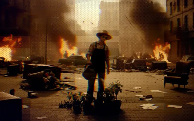 Warm golden sepia illustration of a cowboy figure in a dusty Western scene