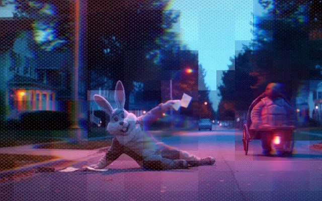 Blue teal neon futuristic street scene with figures running