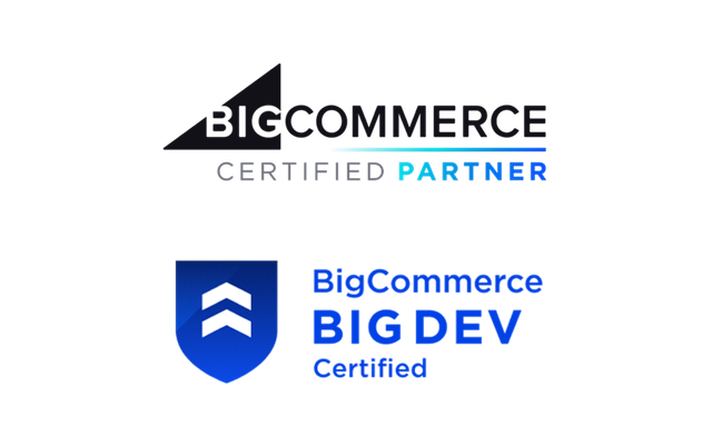 BigCommerce Certified Partner and BigDev Certified badges on a white background