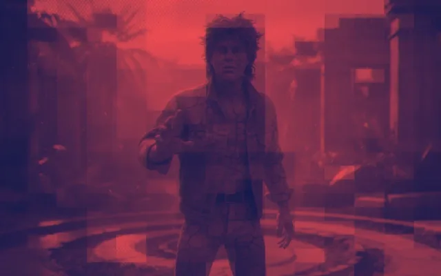 Dark red dramatic scene with a running figure in an urban environment