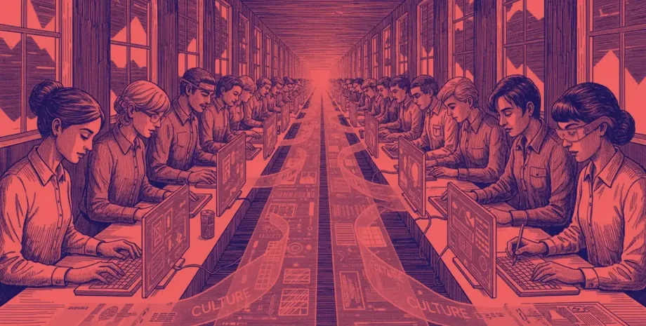 Dark purple and red industrial scene with rows of server racks