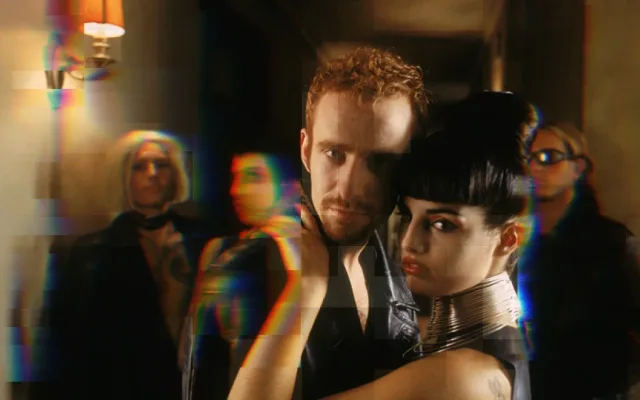 Dark blue teal atmospheric scene with figures in a misty environment