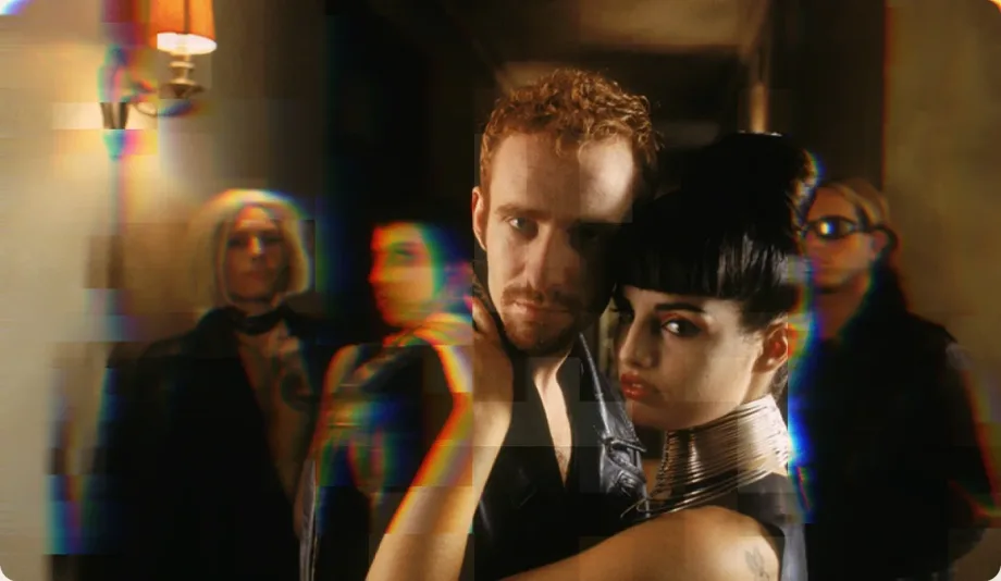 Dark blue teal atmospheric scene with figures in a misty environment