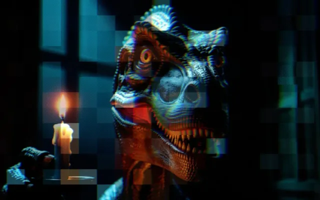 Dark blue purple nature scene with a misty forest and warm light